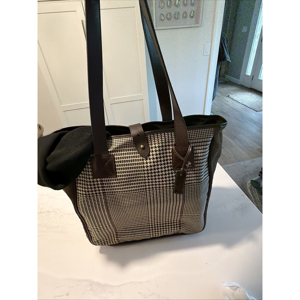 Ralph Lauren Herringbone Plaid Suede Tote Bag Large Brown Leather Handles Laptop - Picture 2 of 16